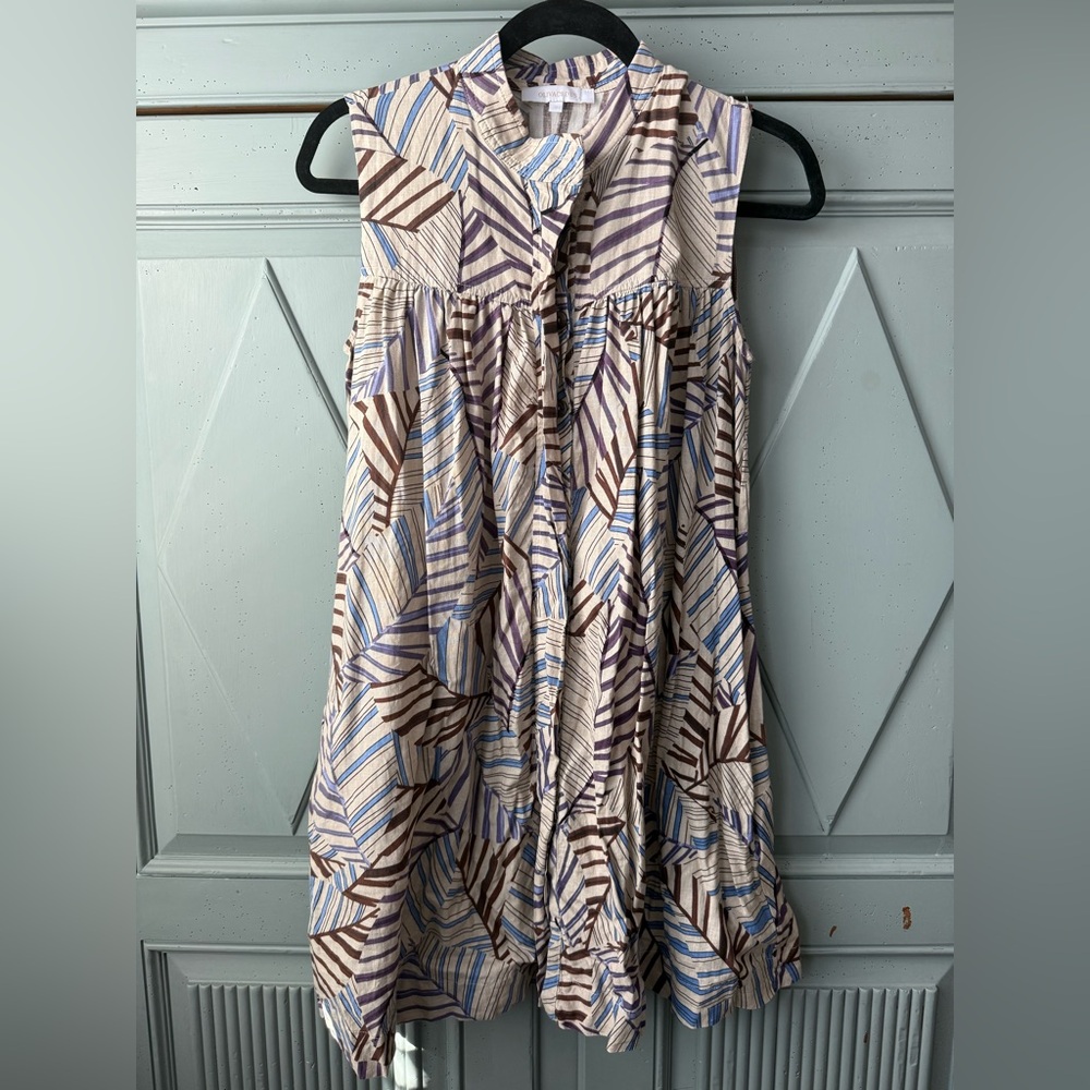 Olivaceous Brown and Blue Linen Patterned Mini Swing Dress